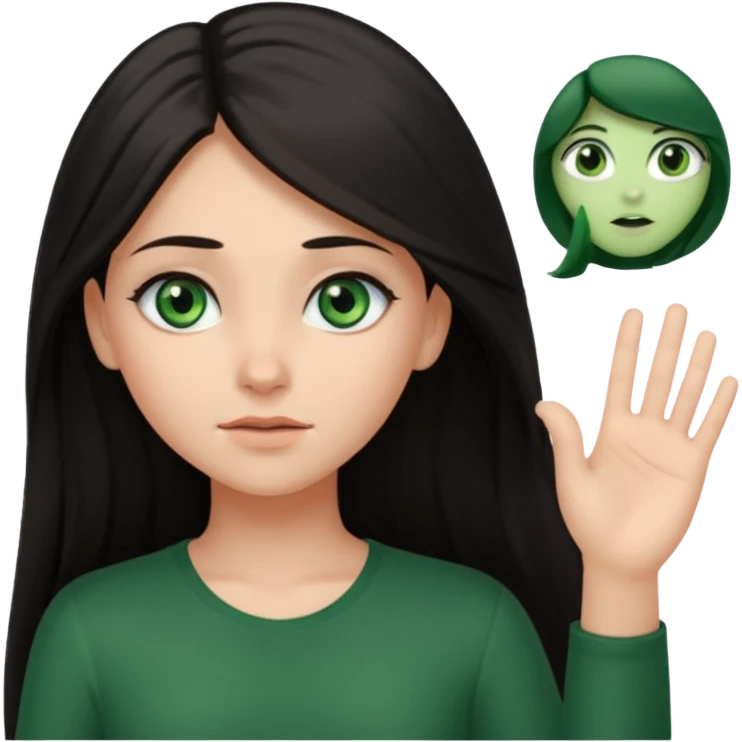 Animated girl dark long hair green eyes emoji holding right side of the head with her hand with duh facial expression , hand on her head emoji