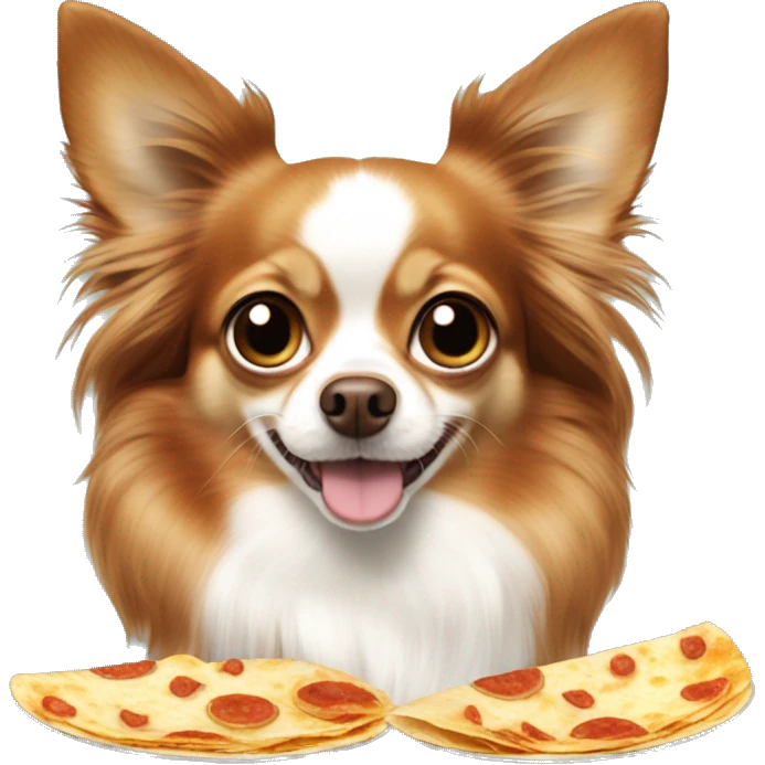 Long-haired reddish brown Chihuahua with white markings eating quesadilla emoji