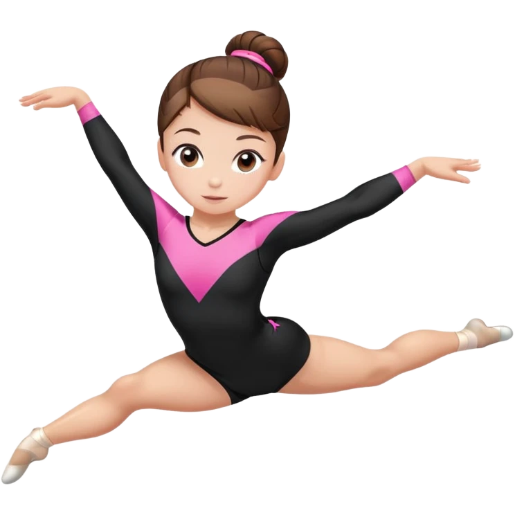 A female gymnast with brown hair in a neat bun, wearing a black uniform with pink elements. emoji