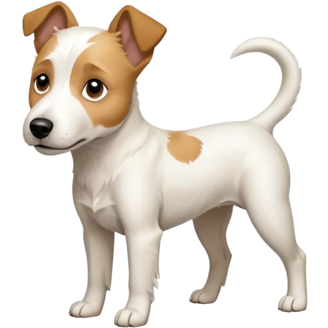 a full body facing front on of a buff white parson russell terrier looking dog the size of a kelpie with light brown long ears resting on its face and a light brown patch on one eye and a large snout. the rest of the dog is completely white.  emoji