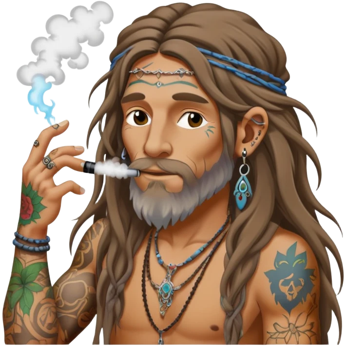 Hippie with long ratty hair with tattoos vaping emoji