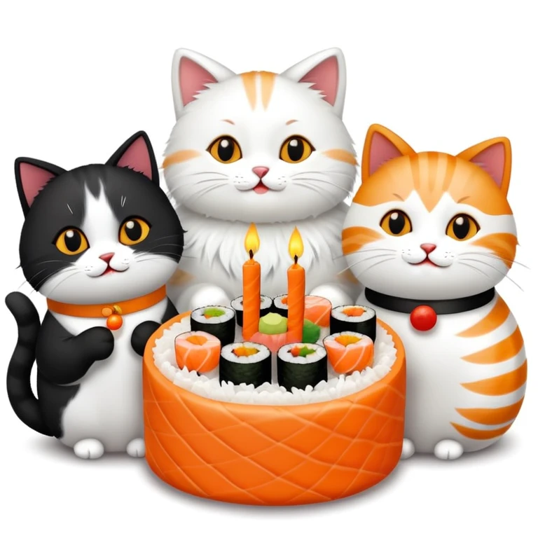 Group of nine cats having sushi at a birthday celebration emoji