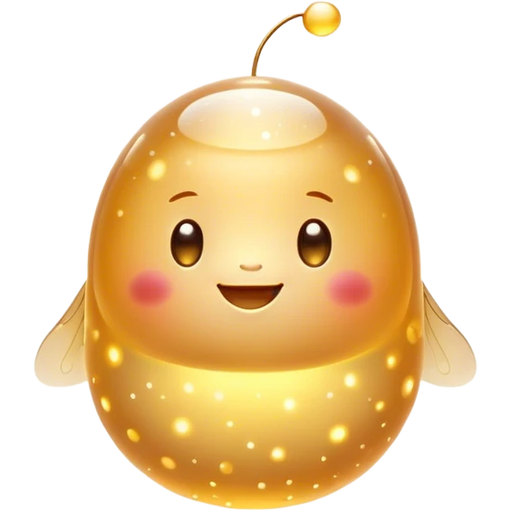 Cinematic tiny glowing firefly, round and chubby, soft golden light, tiny happy face, gentle floating motion, surrounded by dreamy sparkling dots. emoji