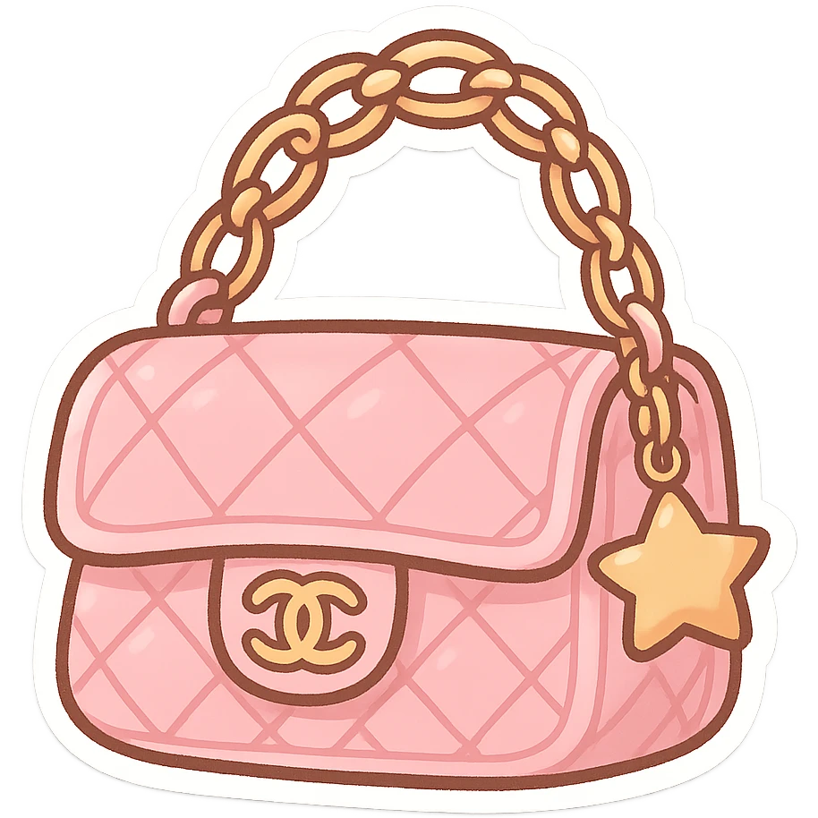 pink Chanel purse with a star charm, cute and exaggerated chibi sticker style emoji