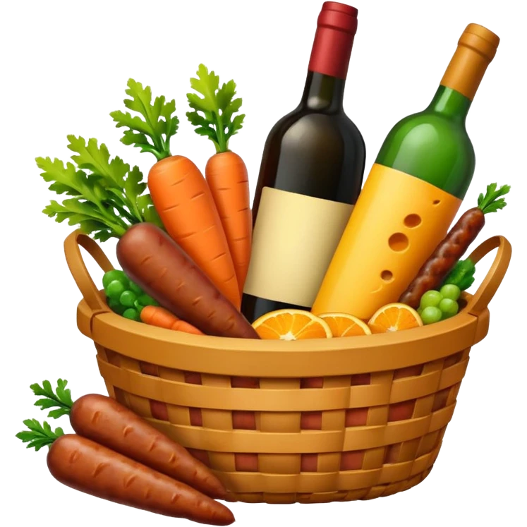 a basket with carrots, wine bottle, sausages, and cheese, all items peeking out, emoji style emoji