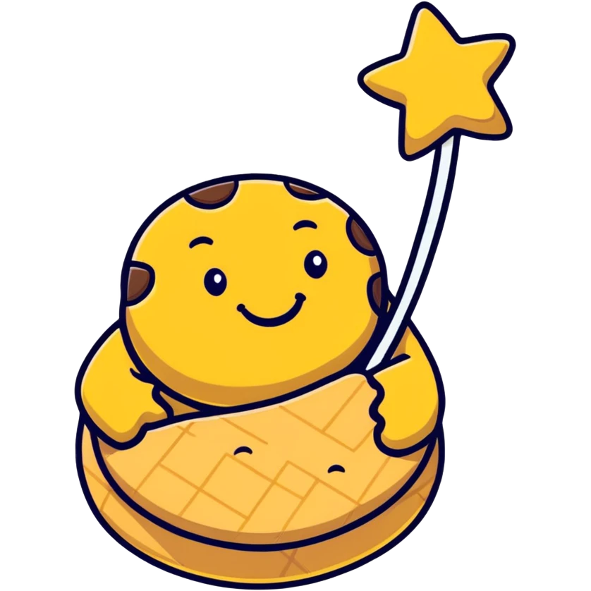 cartoon style Pan di Stelle cookie with a smiling face and white stars emoji