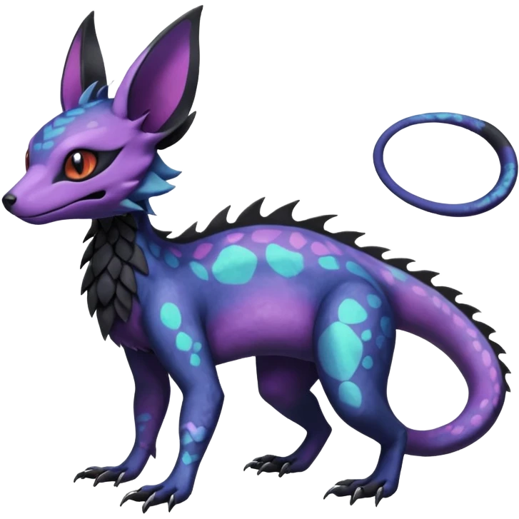 Rare epic aesthetic iridescent spooky gloomy colorful Salandit-Noibat-Eevee-Genet-species-Fakemon-hybrid-creature, with markings, full body emoji