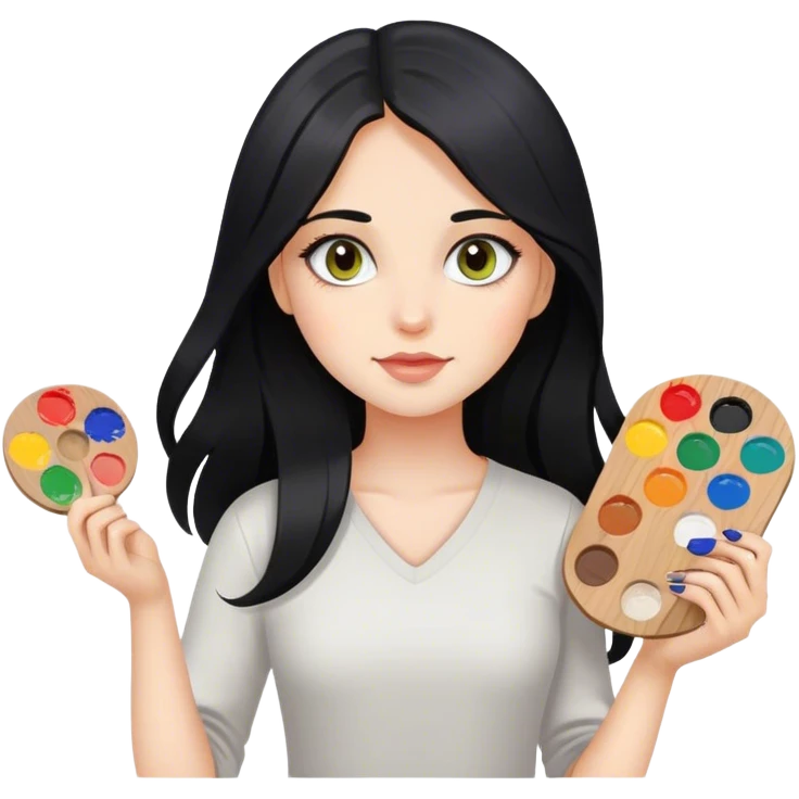 A girl with long black hair and hazel eyes holding a paint palette  emoji