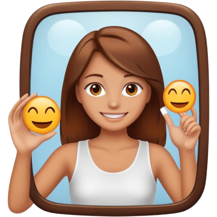 girl with brown hair, white but fake tanned slightly orange skin, taking a mirror selfie, emoji style emoji