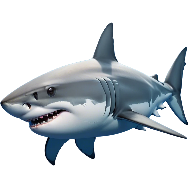 Cinematic Noble Great White Shark Portrait Emoji, Poised and regal, with a robust, torpedo-shaped body, a pointed snout, a gleaming white underbelly contrasting with a slate gray dorsal surface, and piercing, intense eyes scanning deep blue waters, Simplified yet sharp and sophisticated features, highly detailed, glowing with a cool, oceanic luminescence, high shine, intelligent and commanding, stylized with an air of marine authority, focused and vigilant, soft glowing outline, capturing the essence of a watchful and confident predator that appears ready to surge out of the screen with effortless power! emoji