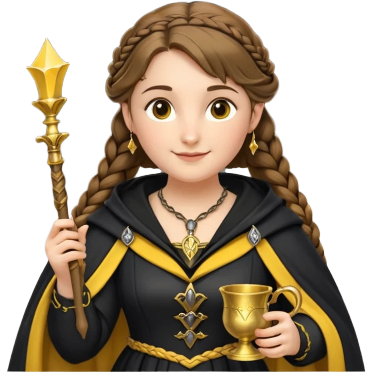 Helga Hufflepuff,the Hogwarts founder of Hufflepuff,brown-haired,2braids,yellow-black medieval dress with black cloak decorated with gold braiding,flickering magic wand and tiny two-handled shiny gold cup engraved with the badger silhouette,very kind smile,curvy busty sweet  emoji