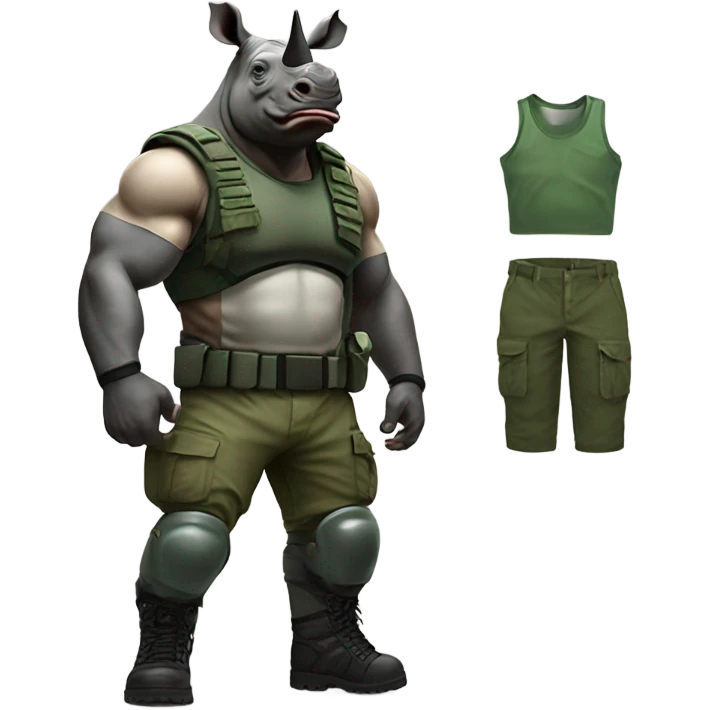 Rhino with muscles wearing a green army helmet with a blank tank camo pants and black boots  emoji
