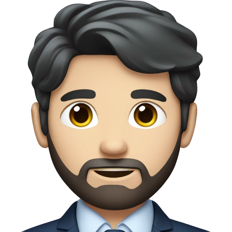 A dark hair young man with beard and blue eyes in navy suit with up-hand  emoji