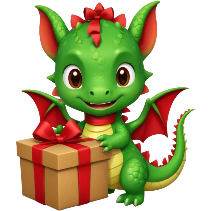 a cute baby dragon is holding a brown carton gift with red ribbon emoji