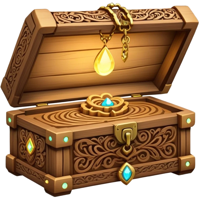 magical wooden box with intricate carvings, glowing softly, holding necklaces inside emoji