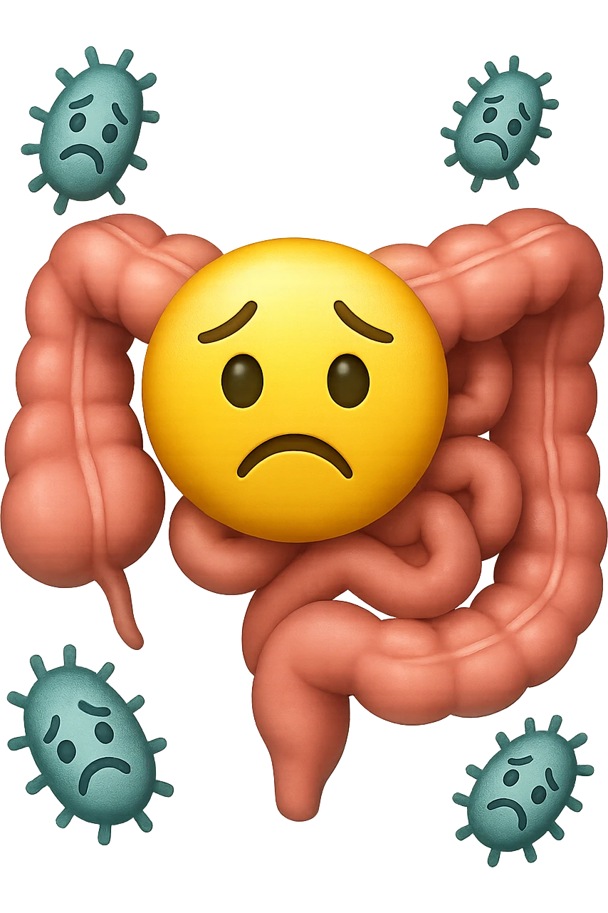 emoji stile iphone di batteri intestinali con espressione triste che fluttuano in aria, iperrealistico 4k, isolato su sfondo bianco emoji