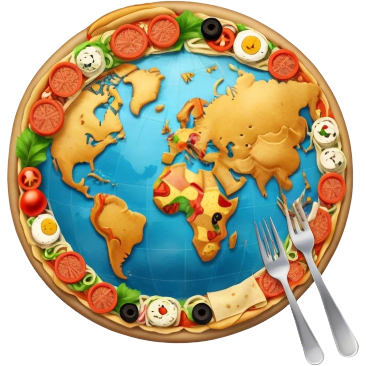 Icon for Gastronomic Tourism: a globe with various cuisines from around the world, such as pizza, sushi, tacos, and pasta, surrounded by food-related travel elements like a fork, knife, and map. Transparent background. emoji