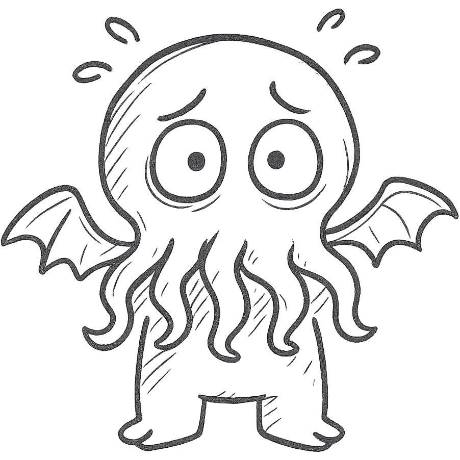 A hand drawn icon of Cthulhu looking scared emoji