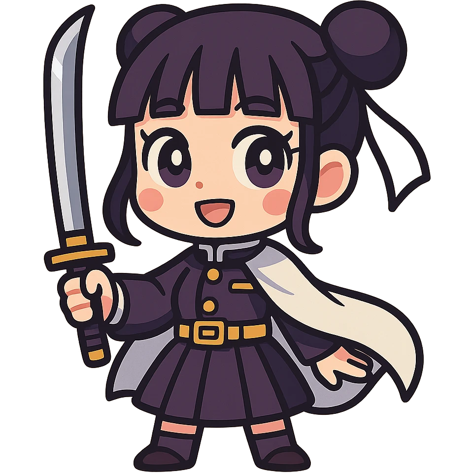 Tsuguko from Demon Slayer, chibi style, holding a sword, cute expression emoji