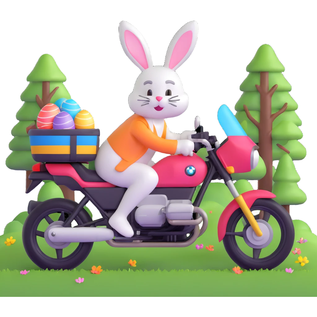 Easter bunny riding a BMW boxer motorcycle with trees and grass in the background and colorful Easter eggs hidden in the grass emoji