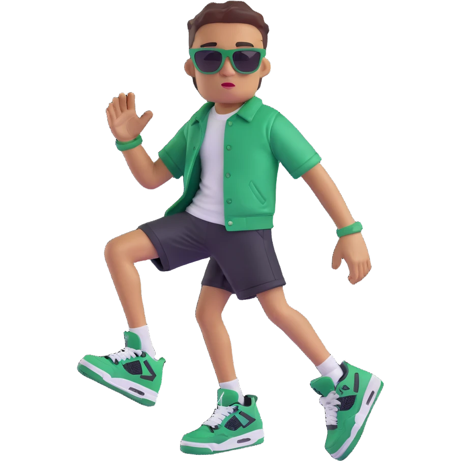 Jordan 4 Pine Green sneaker with arms, legs, and a cool facial expression with sunglasses emoji