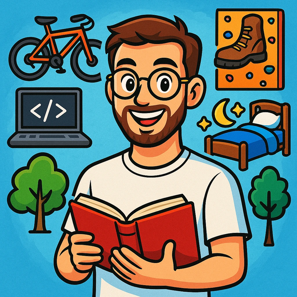 vibrant-toon style young man with light skin, short brown hair, neatly trimmed beard, round gold-rimmed glasses, smiling, plain white t-shirt, holding open red book at chest level, surrounded by hobby icons: orange mountain bike, gray laptop with code, brown hiking boot, climbing wall, bed with blue blanket and moon-and-stars, green tree emoji