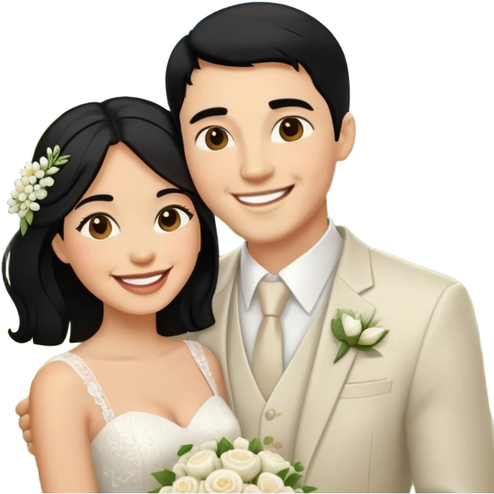 happy wedding couple outdoors，black hair emoji