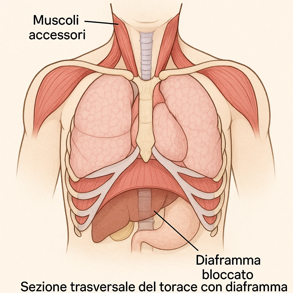 sezione trasversale del torace con diaframma bloccato e muscoli accessori della respirazione evidenziati, didascalia in italiano emoji