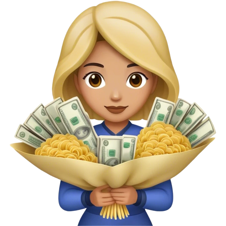 A woman holding a money bouquet and buldak noodles emoji
