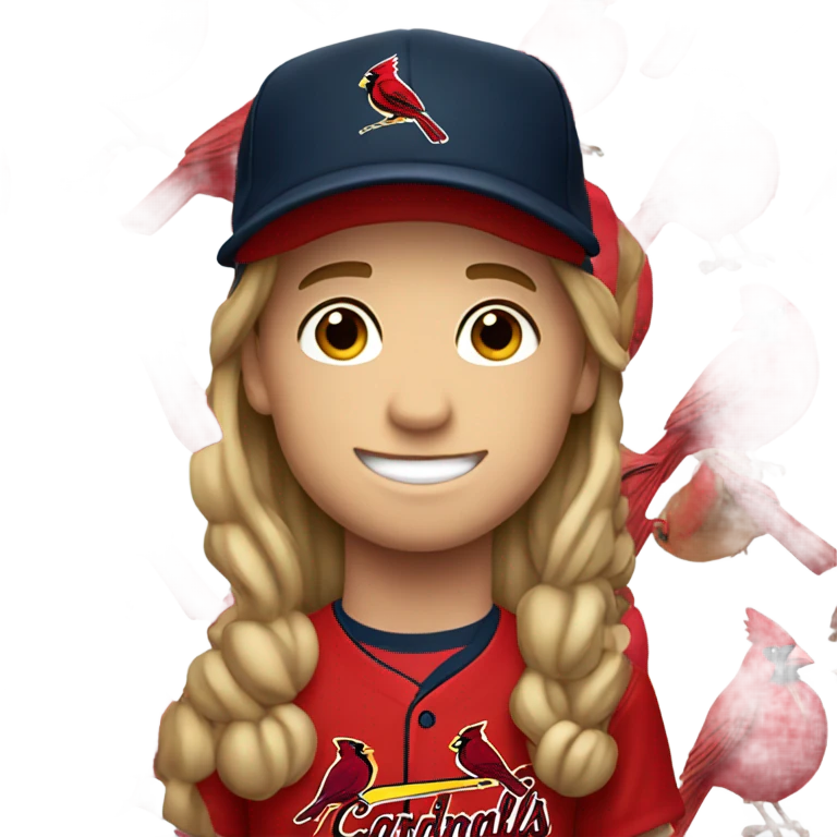 smiling boy with long hair with cardinals baseball hat emoji
