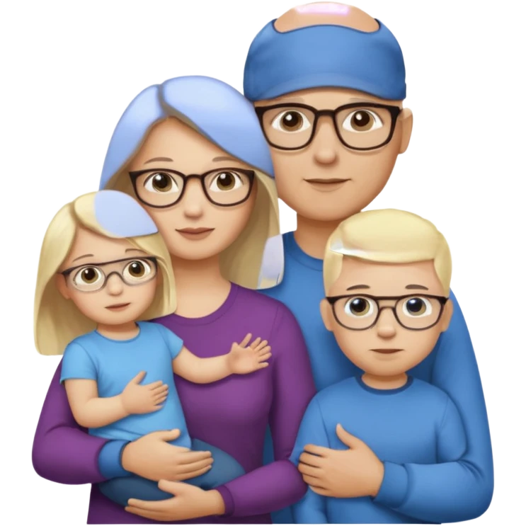 Eigene Familienbild mit 3 Personen; Mutter dunkle Augen und dunkle lange Haare mit Brille; Vater mit Vollglatze und Blaue Auge und ohne Brille;  kleinkind mit blonden Haaren und dunklen Augen und ohne Brille emoji