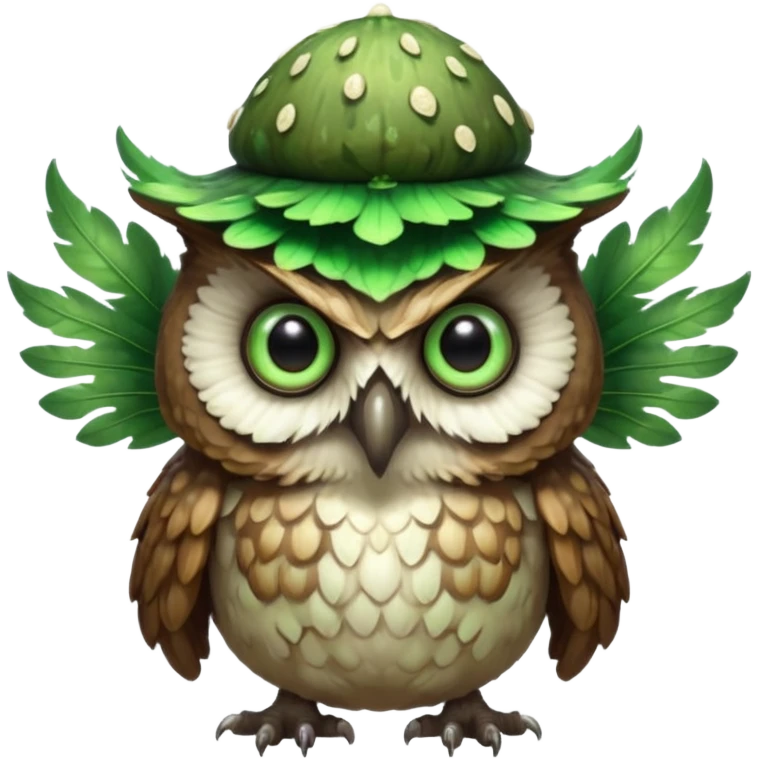 poisonous mushroom owl creature portrait, head and shoulders only, large beast-like owl eyes, mushroom cap feathers, glowing green spores, mystical forest monster, 3D cartoon, mobile game icon style, clean background, no text, no watermark

 emoji
