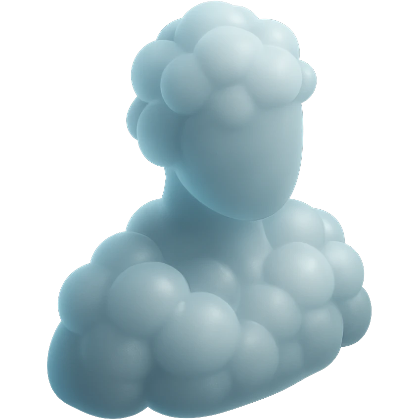 shoulder-up person fully composed of white fluffy convex clouds, matte glass style, volumetric and soft clouds emoji