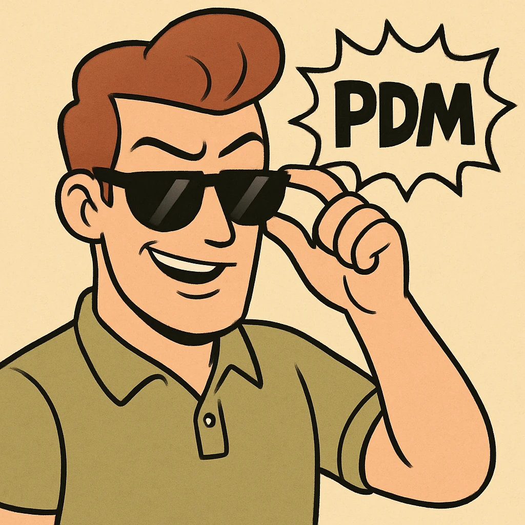 a confident person pulling down sunglasses, with the text 'PDM' in a comic-style bubble, dynamic and bold emoji
