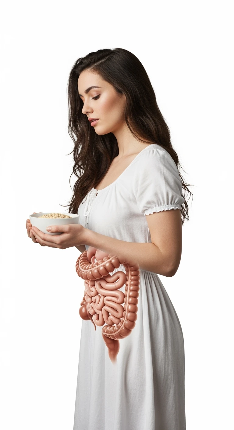 donna con bowl di avena in mano e intestino in evidenza, isolata su sfondo bianco emoji