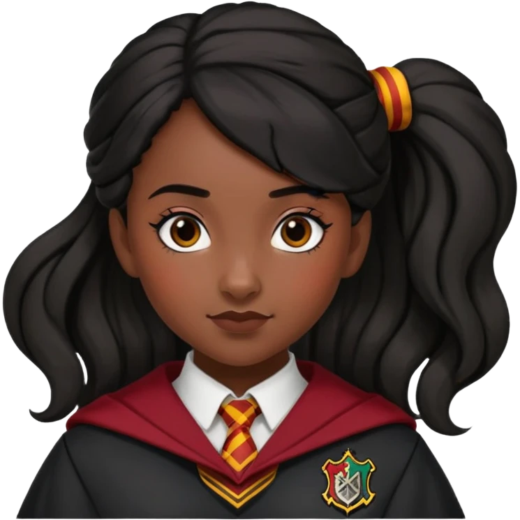alicia spinnet in harry potter, wear hogwarts gryfindor uniform, black bun hair, black skin emoji