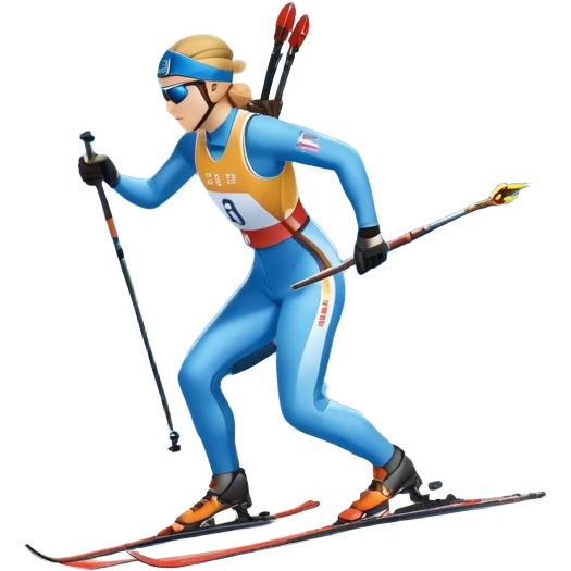 An icon featuring a biathlete in motion, holding a rifle and skiing across a snowy course. The backdrop includes snow-covered trees, distant mountains, and a clear blue sky. Transparent background highlights the precision, endurance, and excitement of biathlon. emoji
