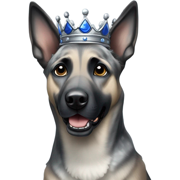 A malinois dark blue merle without red color with a crown on his head emoji