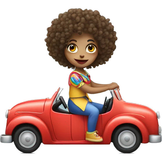 girl with curly hair that is dressed a a clown driving car emoji