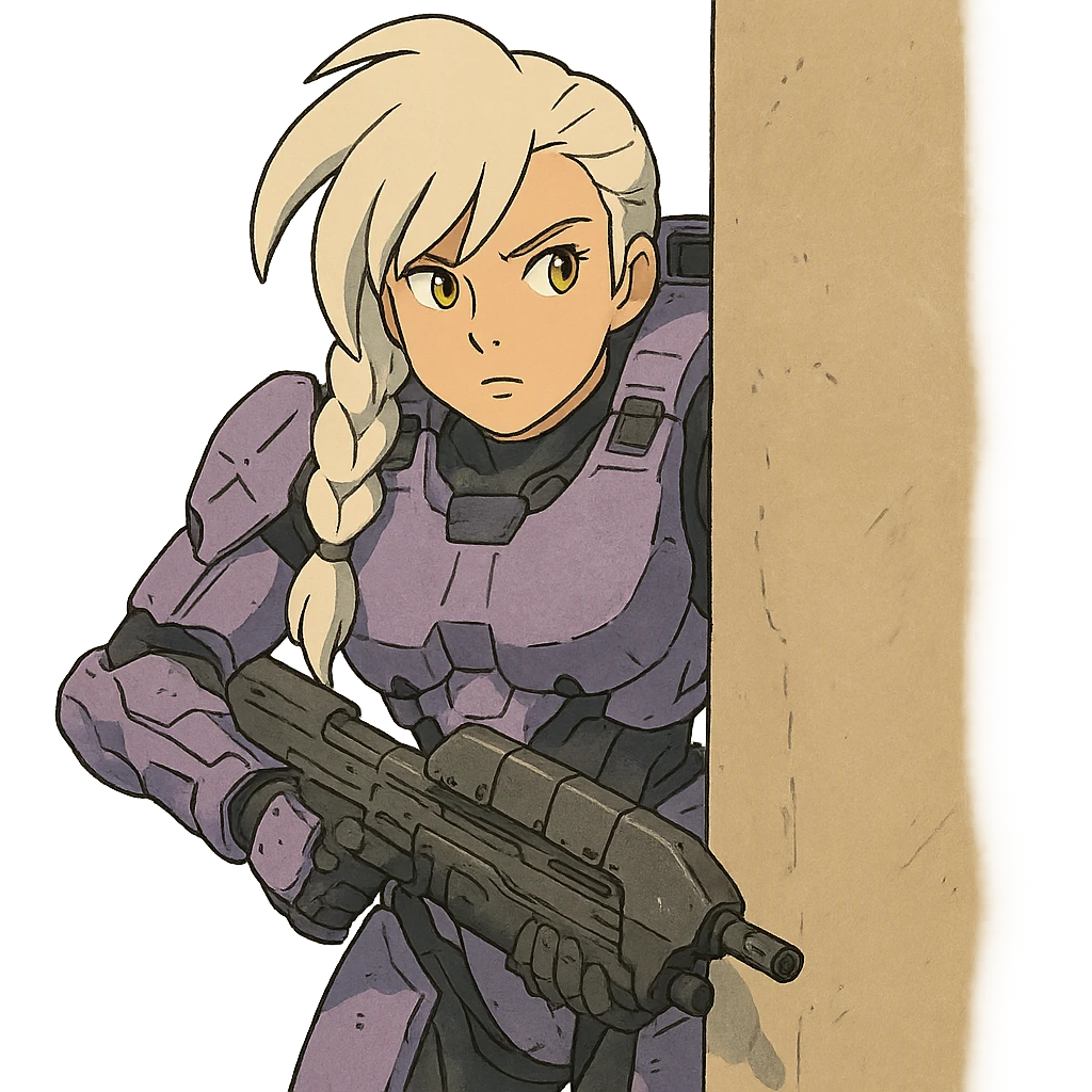 female, wearing reach spartan armor default, long white braid hair with massive messy front side single bangs, gold yellow eyes, attention pose, HALO:series, no helmet, the armor is lavender color scheme, shoulder pad off. DDD bust size fitting. Punk gothic cyberpunk, peeking around a corner wall with a classic halo1 ar emoji