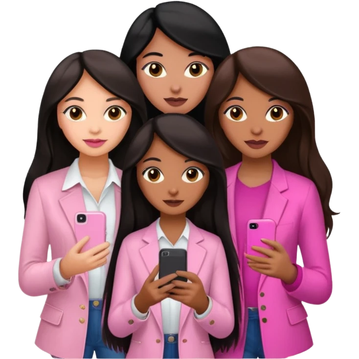 3 brown girl friends with a phone on their hand, one with black long hair, one with brown hair long and the other one with black with brown hair. Wearing pink glammed up  emoji