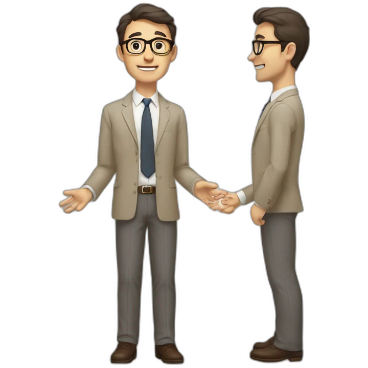 Full height Actively gesturing with hands Pale skinned fit man with dark brown hair in gray jacket, beige office shirt, brown tie, brown pants and vintage glasses. emoji
