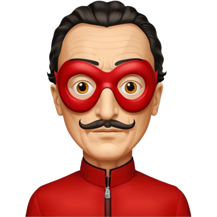 Faites-moi un masque de Salvador Dali d'une manière réaliste, la même série que La Casa de Bapel, et faites-le paraître comme s'il portait du rouge emoji