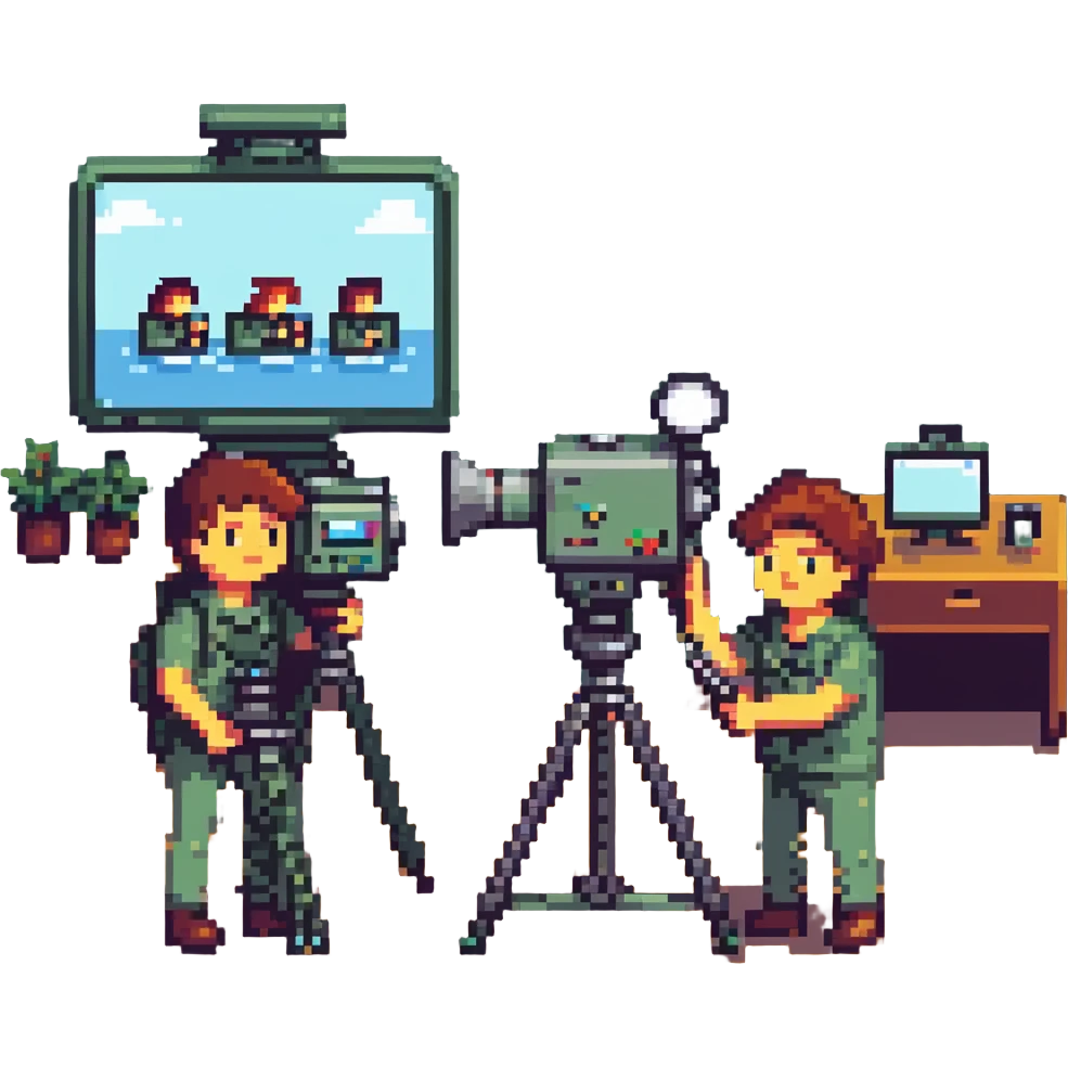 collaboration équipe de tournage with multiple members including caméraman, preneur de son, réalisateur working together around a broadcast camera, dynamic atmosphere, wide shot, team spirit in pixel art style emoji