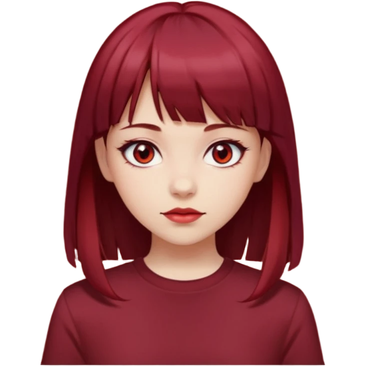 beautiful girl with dark maroon and red medium hair, straight bangs and red bando, red eyes, brown long tshirt, white skin emoji