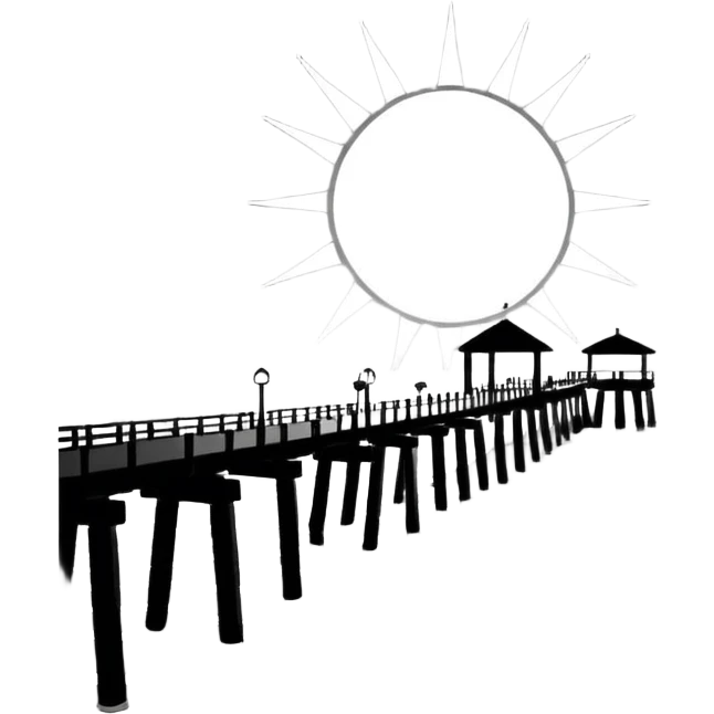 A black and white image of a pier in the ocean as a silhouette with the sun in the background emoji