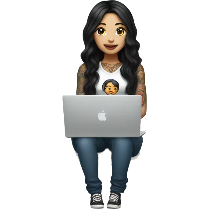 beautiful girl with tattoos, with long black hair, wavy hair, chinese, with laptop emoji