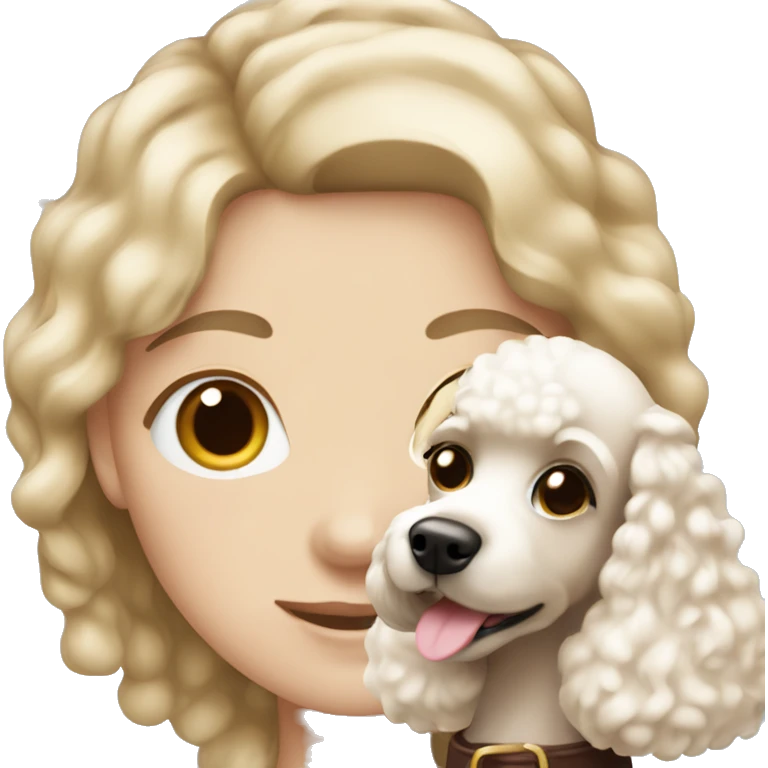 Blonde girl with blue eyes holding poodle with chocolate brown and white hair emoji