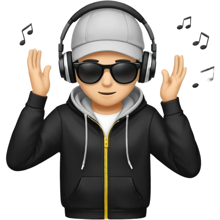 a hoodie with sunglasses and headphones with dancing motion lines emoji