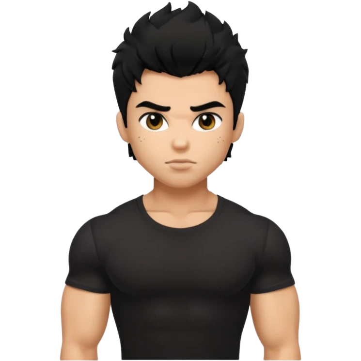 a pretty bratz guy with black hair with big muscles and shaggy hair in a tight black tee emoji